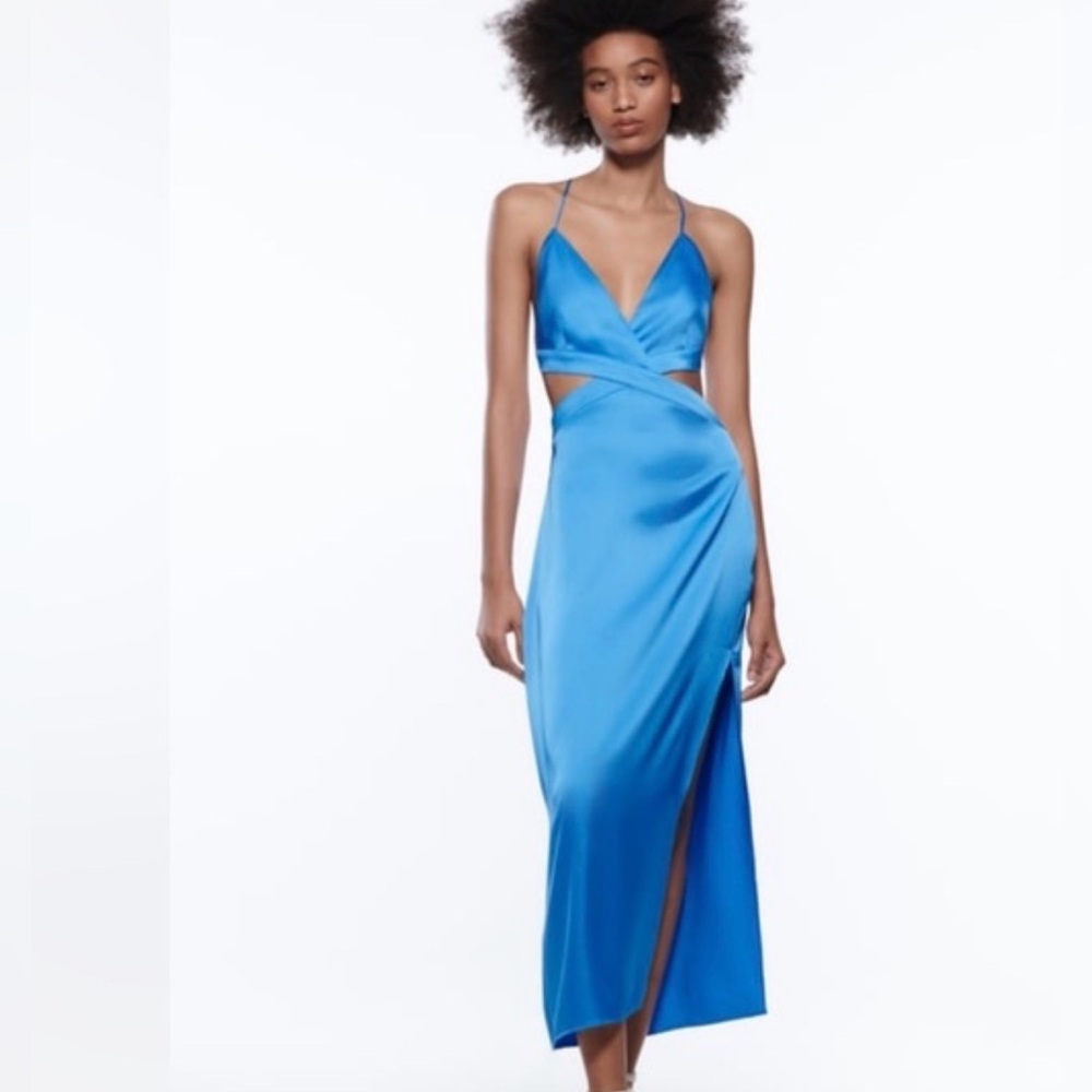 ZARA BLUE ASYMMETRIC CUT OUT SATIN EFFECT MIDI DRESS SIZE XS